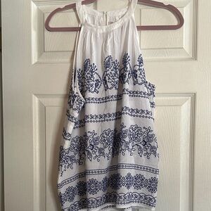 LOFT White and Blue Patterned Tank Top